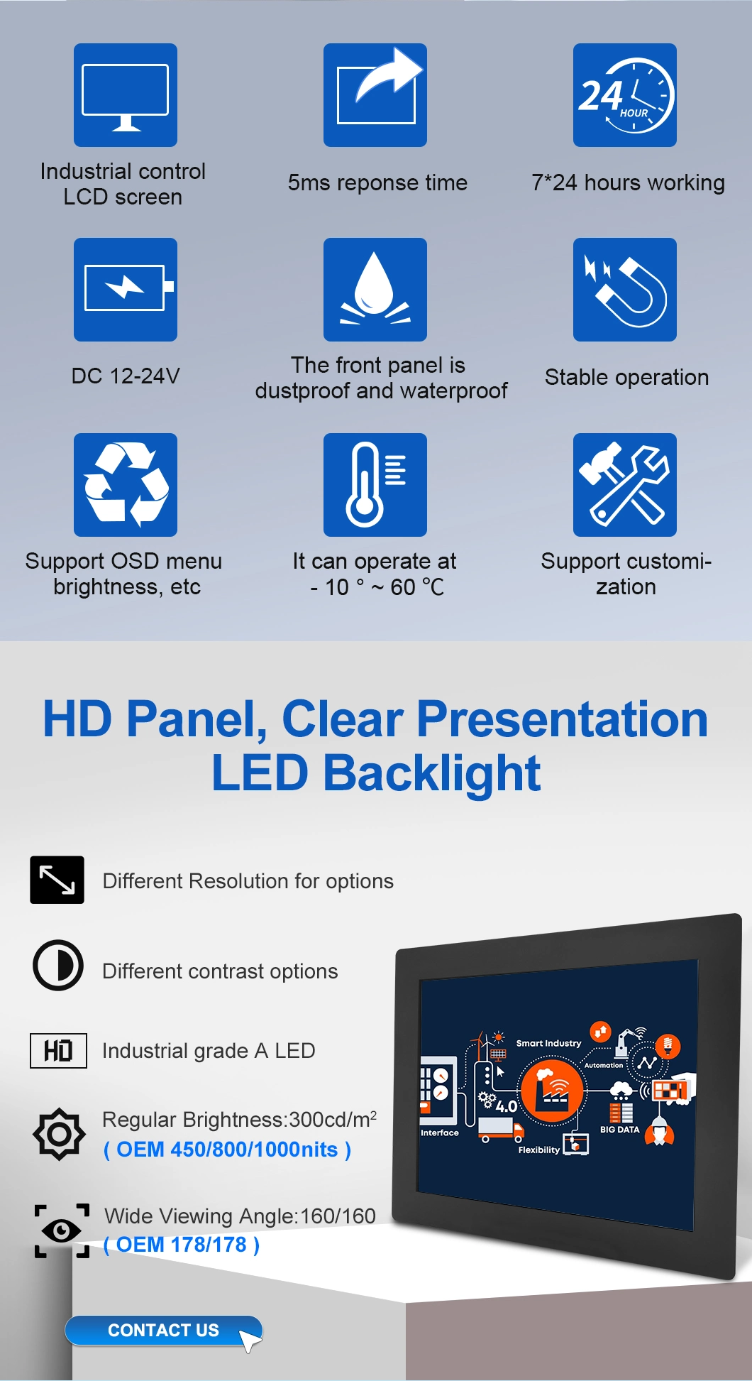 10′′ Inch 800*600 HD-Mi VGA DVI Resistive Square Touch Screen Metal Case TFT Embedded OEM ODM Industrial LCD Monitor