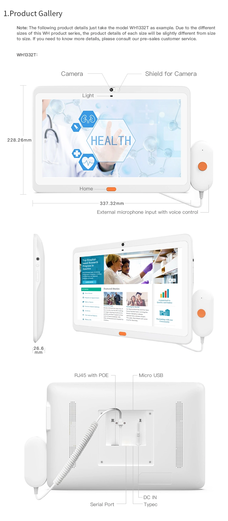 Hot Selling 13.3inch Wall Mount Medical Hospital Patient Care Call Handle Service Touch Screen Poe Multi Interface Android Tablet PC Android 8.1